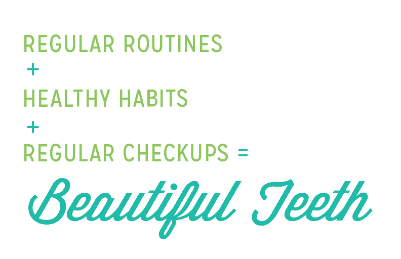 Bellmead Kids Dentistry Office saying: Regular routines + Healthy habits + Regular checkups = Beautiful Teeth
